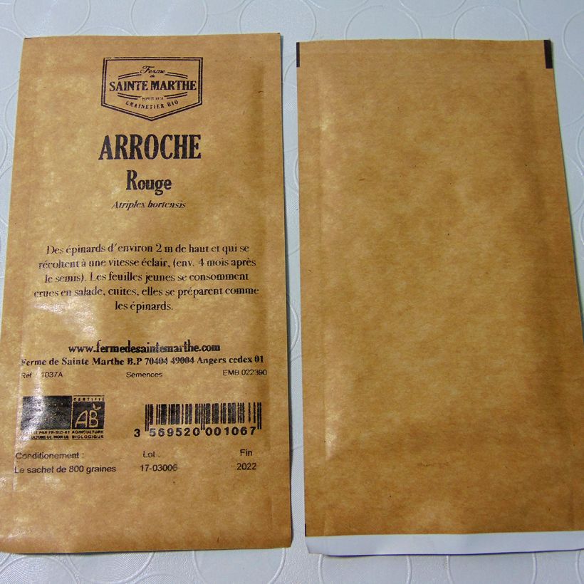 Exemplo de amostra de Arroche Rouge Bio - Ferme de Sainte Marthe per pack of 800 seeds (4g) tal como entregue