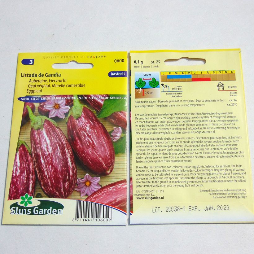 Exemplo de amostra de Aubergine Listada de Gandia - Oeuf végétal o saco de 200 sementes aproximadamente (1g) tal como entregue