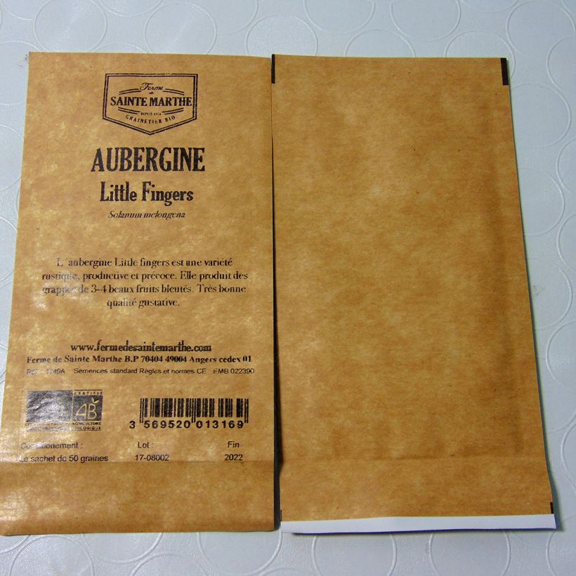 Exemplo de amostra de Aubergine Little Fingers Bio - Ferme de Sainte Marthe o saco de 50 sementes aproximadamente tal como entregue