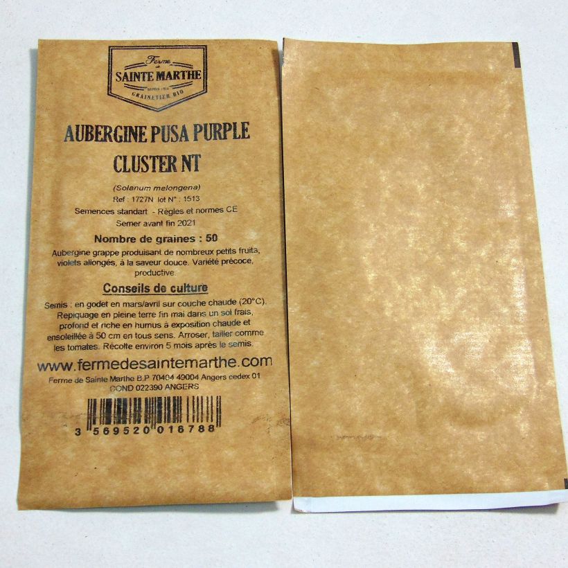 Exemplo de amostra de Aubergine Pusa Purple Cluster NT - Ferme de Sainte Marthe die Tüte mit 50 Samen tal como entregue