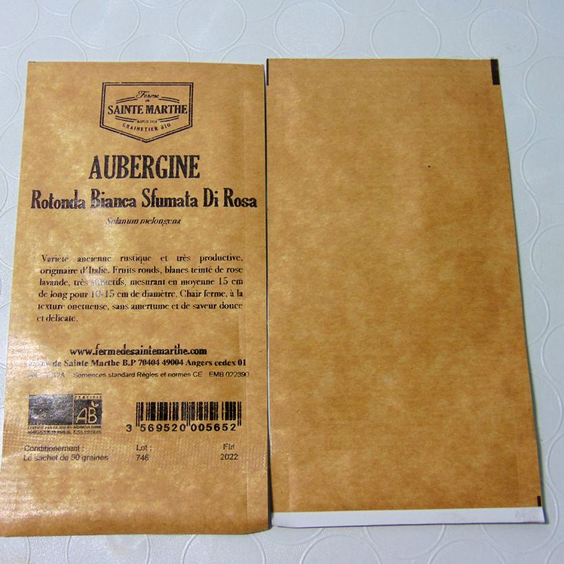 Exemplo de amostra de Aubergine Rotonda Bianca Sfumata Di Rosa Bio - Ferme de Sainte Marthe o saco de 50 sementes aproximadamente tal como entregue