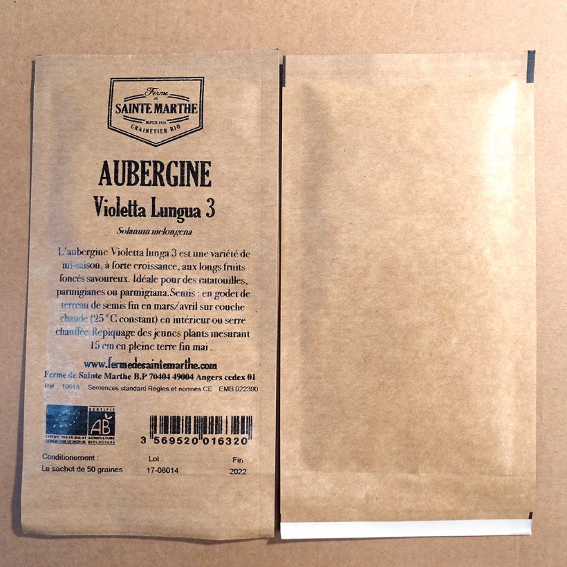 Exemplo de amostra de Aubergine Violetta Lunga 3 Bio - Ferme de Sainte Marthe die Tüte mit 50 Samen (0.2g) tal como entregue