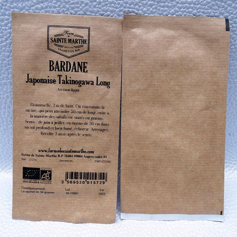 Exemplo de amostra de Bardane Japonaise Takinogawa Long ou Gobo Bio - Ferme de Ste Marthe o saco de 50 sementes aproximadamente tal como entregue