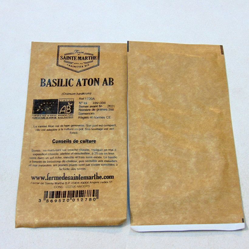 Exemplo de amostra de Basilic Aton Bio - Ferme de Sainte Marthe die Tüte mit 250 Samen (0.375g) tal como entregue
