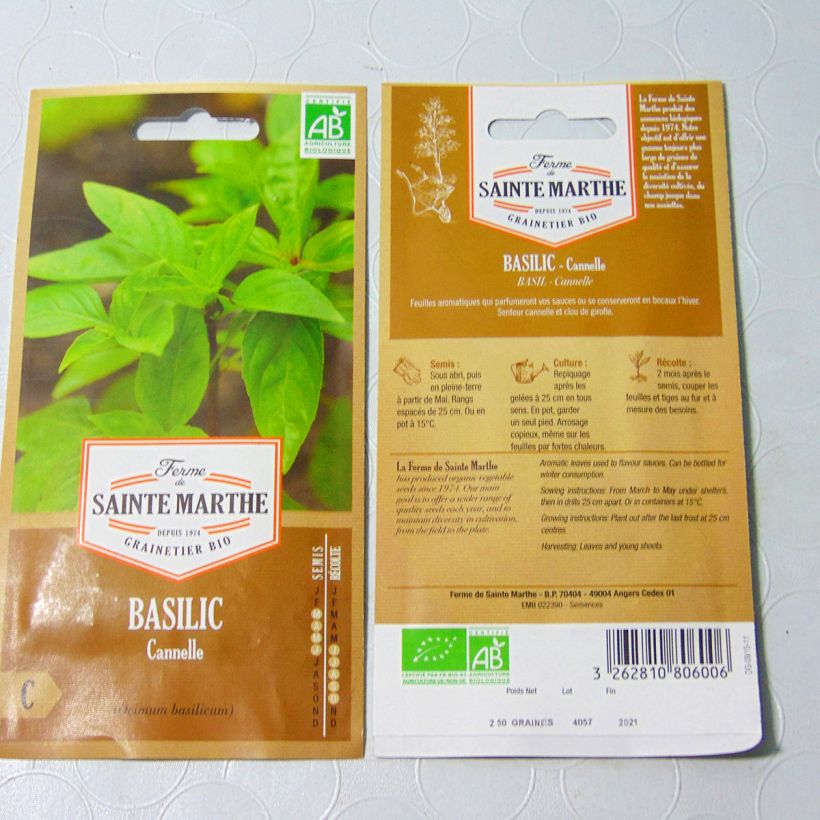 Exemplo de amostra de Basilic Cannelle Bio - Ferme de Sainte Marthe per pack of 150 seeds (0.2g) tal como entregue