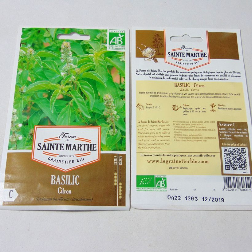 Exemplo de amostra de Basilic Citron Bio – Ferme de Sainte Marthe per pack of 150 seeds (0.22g) tal como entregue