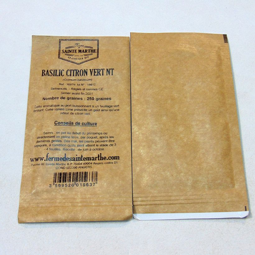 Exemplo de amostra de Basilic Citron Vert Bio - Ferme de Sainte Marthe die Tüte mit 200 Samen tal como entregue
