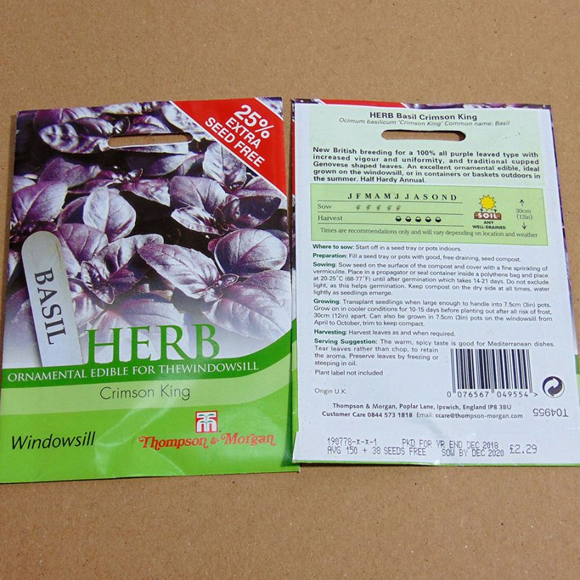 Exemplo de amostra de Basilic Crimson King die Tüte mit 150 Samen tal como entregue