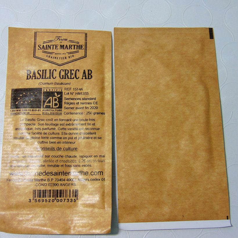 Exemplo de amostra de Basilic Grec Bio - Ferme de Sainte Marthe die Tüte mit 250 Samen (0.25g) tal como entregue