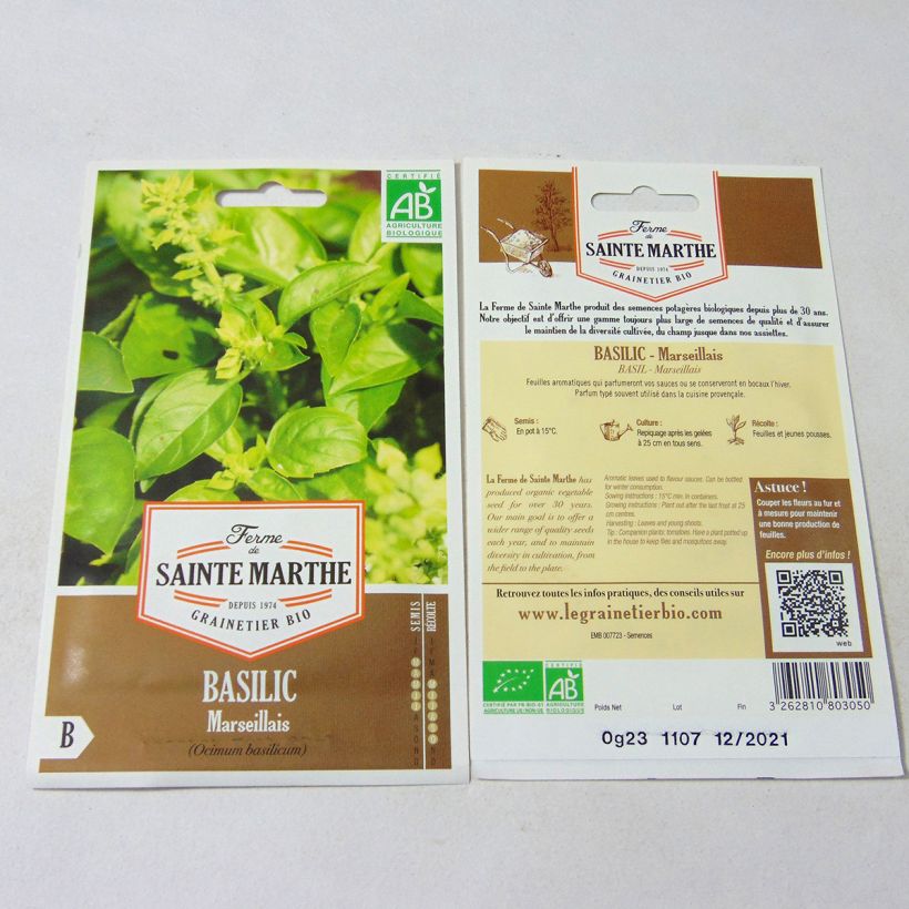 Exemplo de amostra de Basilic Marseillais Bio - Ferme de Sainte Marthe die Tüte mit 100 Samen (0.23g) tal como entregue