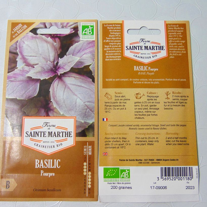 Exemplo de amostra de Basilic Pourpre Bio - Ferme de Sainte Marthe per pack of 250 seeds tal como entregue