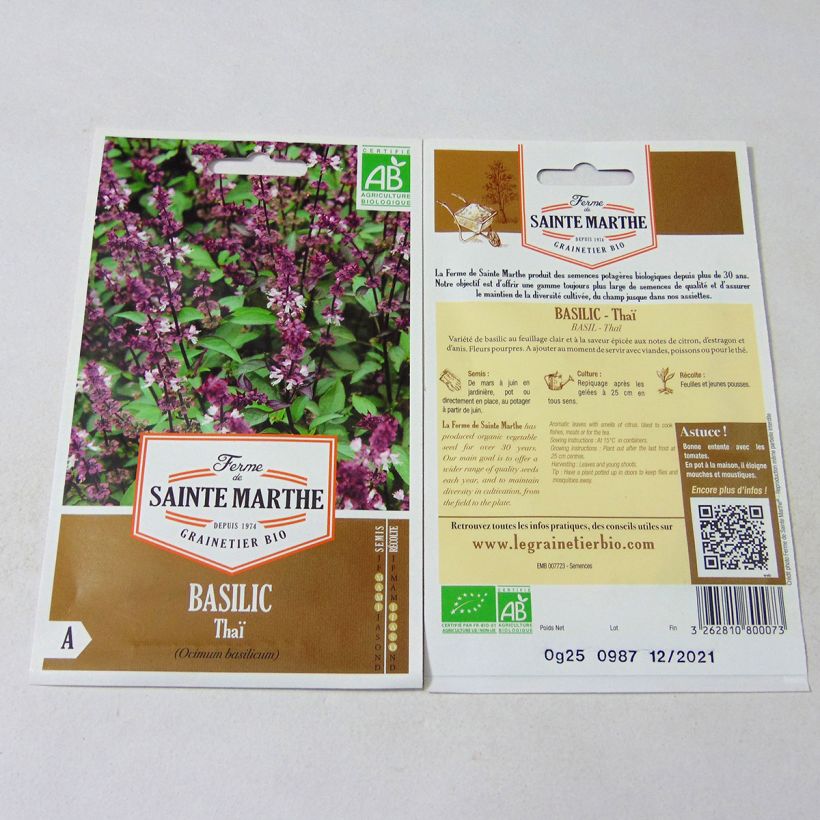 Exemplo de amostra de Basilic Thaï Bio - Ferme de Sainte Marthe die Tüte mit 150 Samen (0.25g) tal como entregue