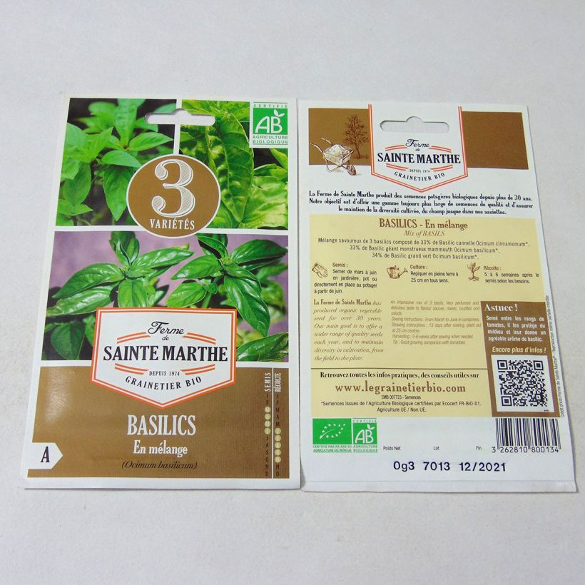 Exemplo de amostra de Basilics en mélange (Basilic Cannelle - Basilic Géant Monstrueux - Basilic Grand Vert) - Bio - Ferme de Sainte Marthe die Tüte mit 150 Samen (0.3g) tal como entregue