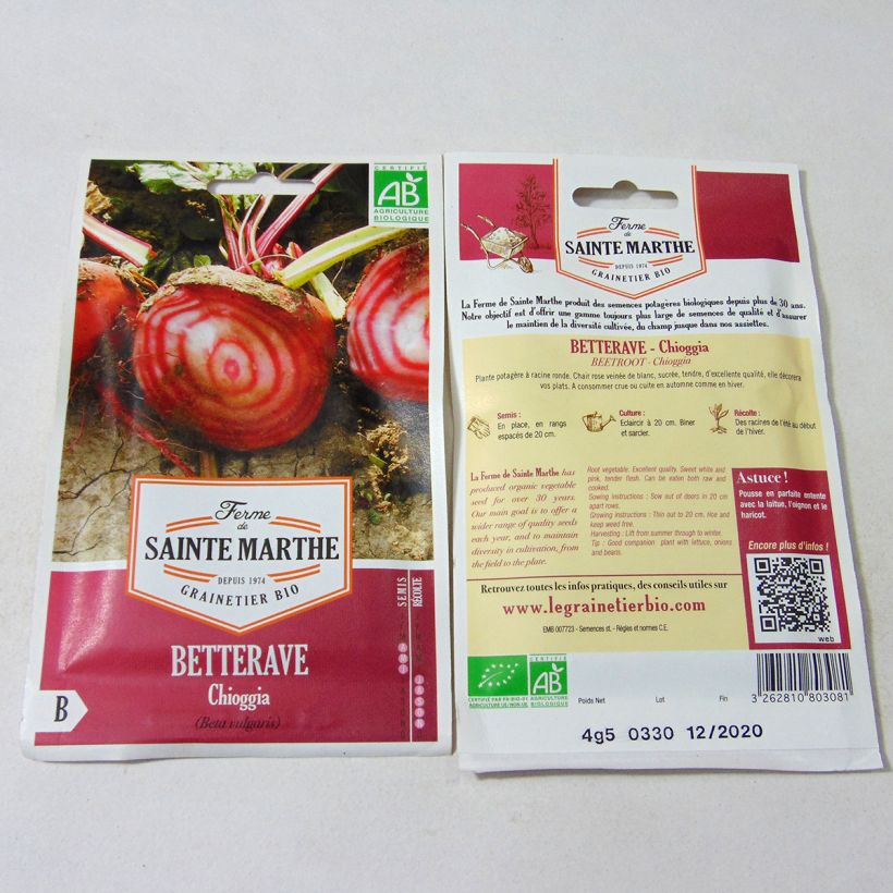 Exemplo de amostra de Betterave Chioggia Bio - Ferme de Sainte Marthe die Tüte mit 300 Samen (4.5g) tal como entregue