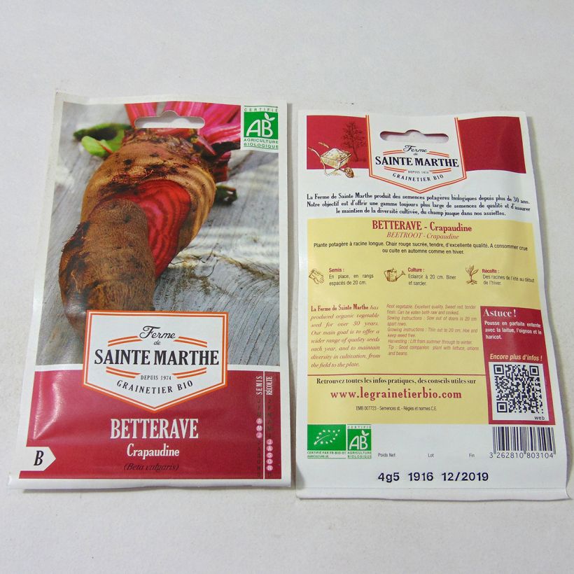 Exemplo de amostra de Betterave Crapaudine Bio - Ferme de Sainte Marthe o saco de 250 sementes aproximadamente (4.5g) tal como entregue