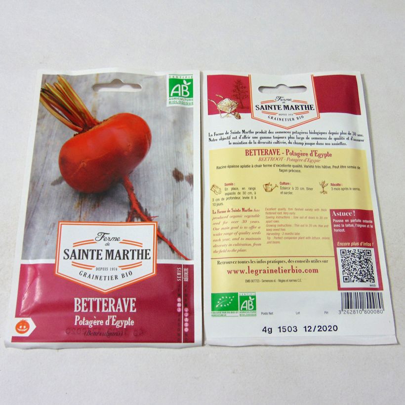 Exemplo de amostra de Betterave potagère d'Egypte - Bio - Ferme de Sainte Marthe per pack of 130 seeds (4g) tal como entregue