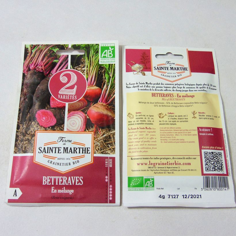 Exemplo de amostra de Betteraves en mélange (Crapaudine et Chioggia) Bio - Ferme de Sainte Marthe die Tüte mit 200 Samen (4g) tal como entregue