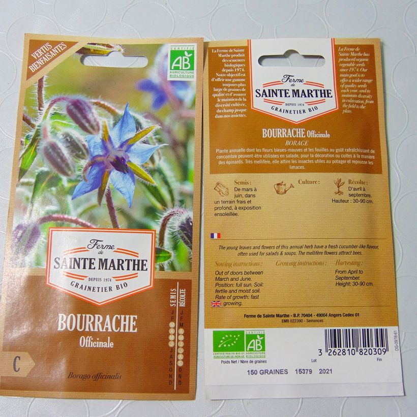 Exemplo de amostra de Bourrache blanche Bio - Ferme de Sainte Marthe per pack of 50 seeds tal como entregue