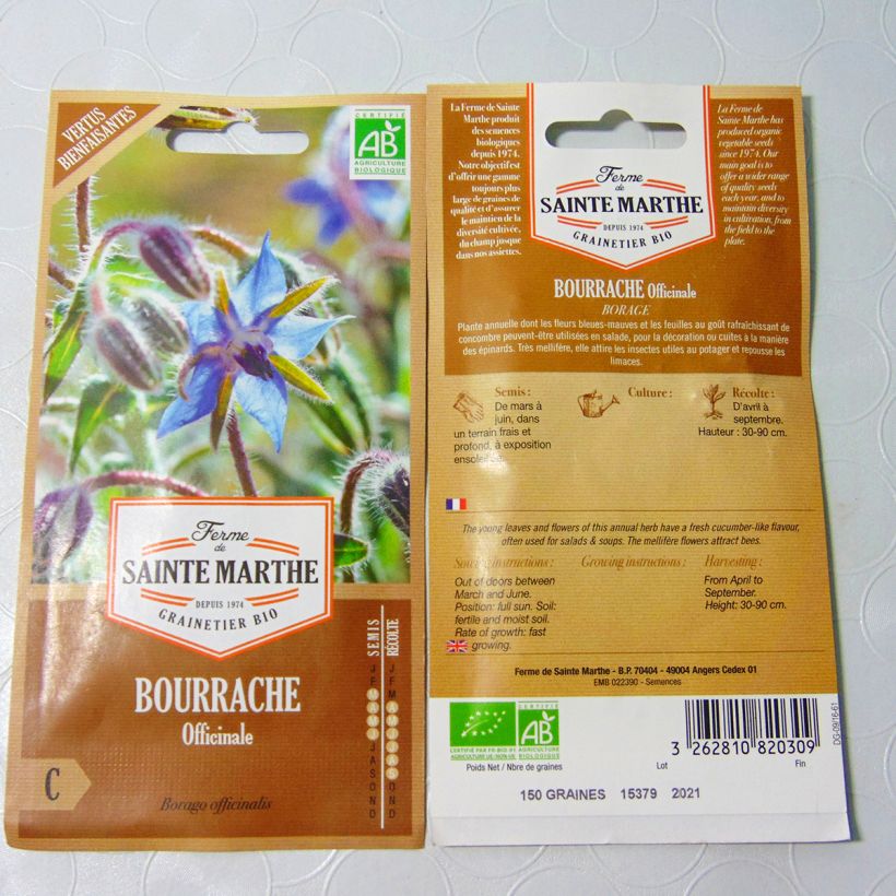 Exemplo de amostra de Bourrache officinale Bio - Ferme de Ste Marthe die Tüte mit 90 Samen (2g) tal como entregue