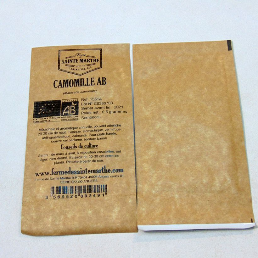 Exemplo de amostra de Camomille Bio - Ferme de Sainte Marthe die Tüte mit 10900 Samen (0,8g) tal como entregue