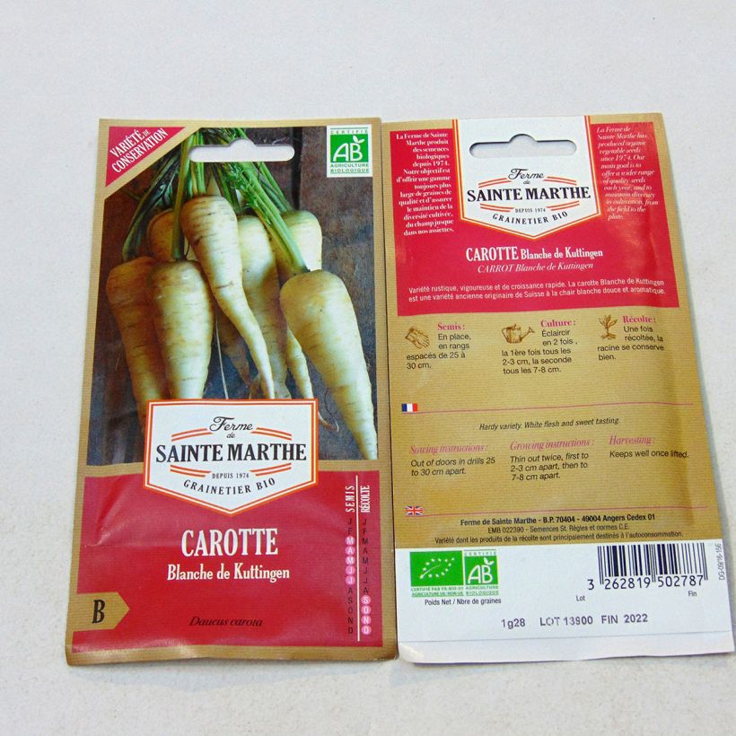 Exemplo de amostra de Carotte Blanche de Küttingen Bio - Ferme de Sainte Marthe o saco de 500 sementes aproximadamente (1.35g) tal como entregue