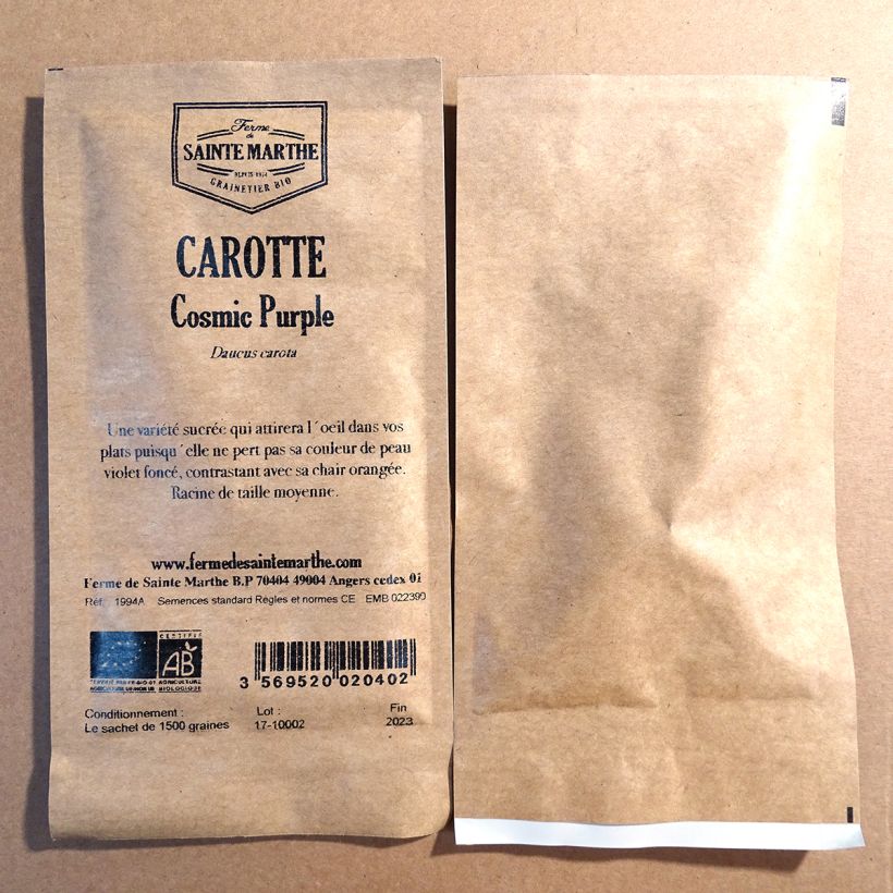 Exemplo de amostra de Carotte Cosmic Purple Bio - Ferme de Sainte Marthe per pack of 1500 seeds tal como entregue