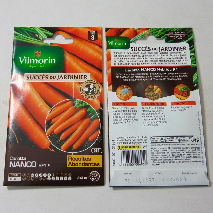 Exemplo de amostra de Carotte Nanco F1 (Création Vilmorin) - Vilmorin per pack of 1500 seeds (3g) tal como entregue