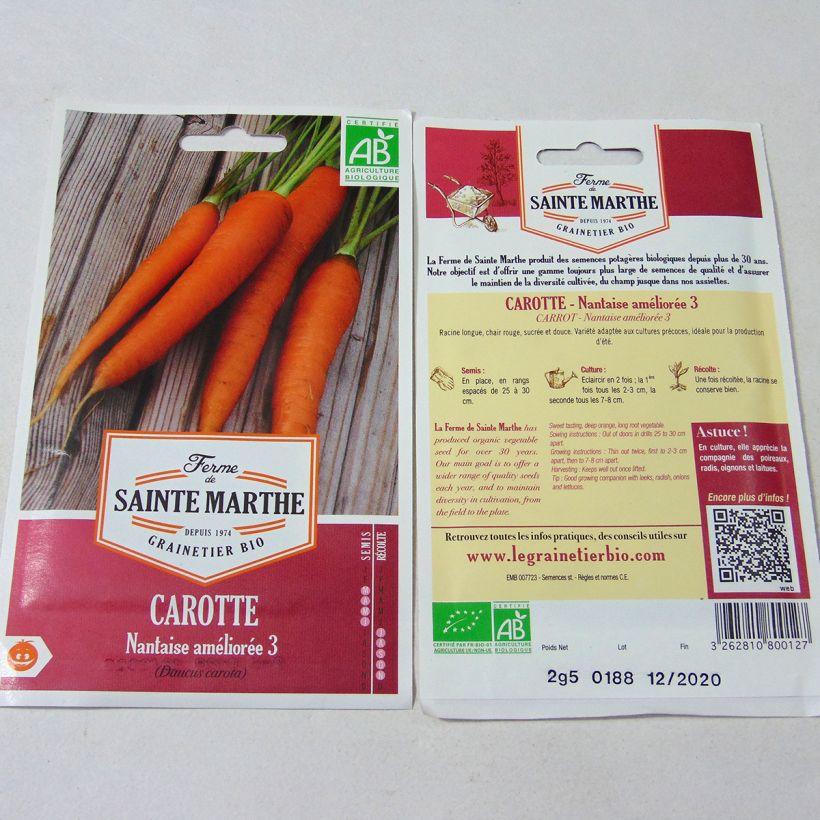 Exemplo de amostra de Carotte Nantaise améliorée 2 Bio - Ferme de Sainte Marthe die Tüte mit 2500 Samen (2.5g) tal como entregue