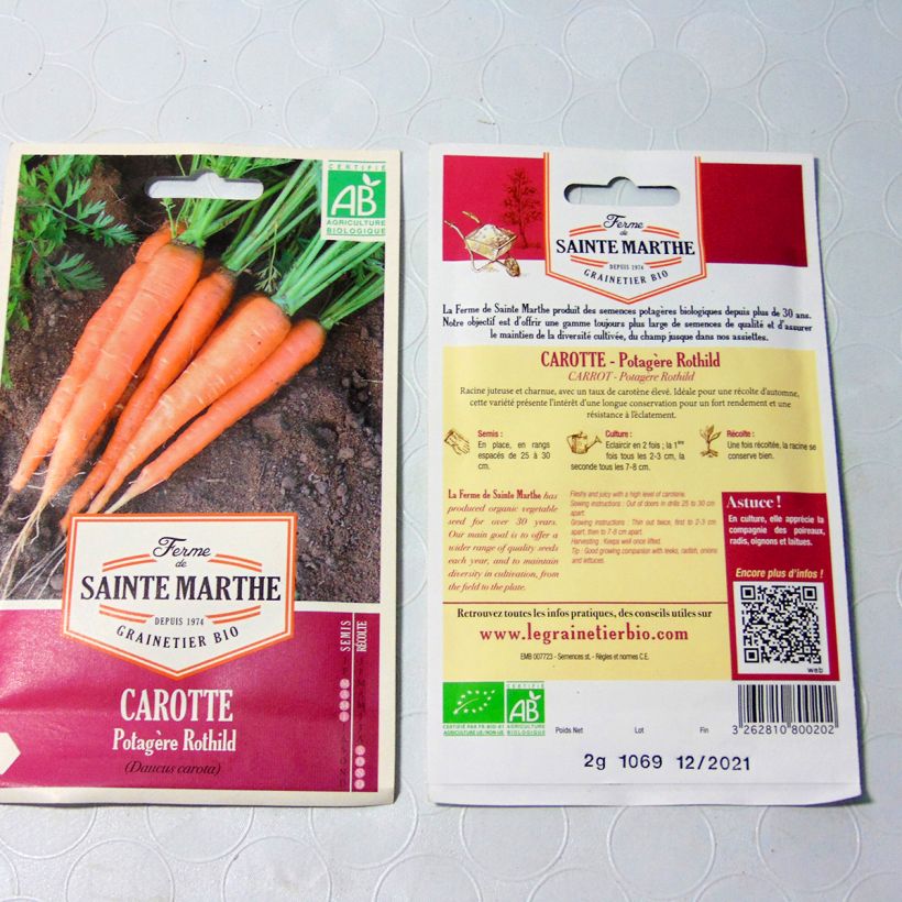 Exemplo de amostra de Carotte Rothild Bio - Ferme de Sainte Marthe per pack of 850 seeds (1g) tal como entregue