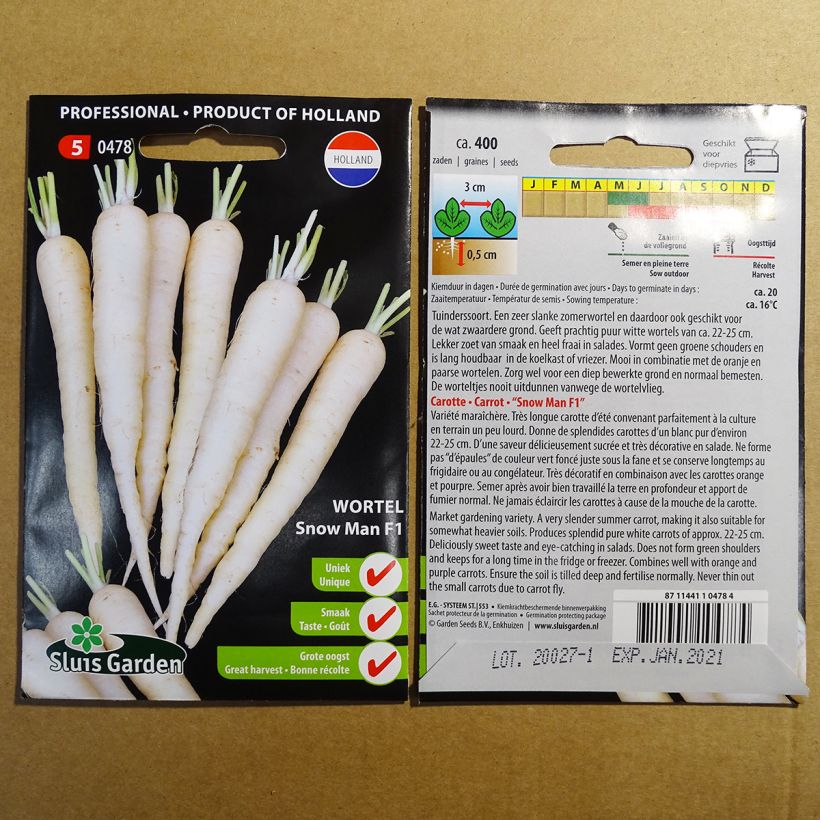 Exemplo de amostra de Carotte Snow Man F1 per pack of 400 seeds tal como entregue