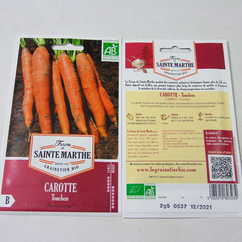 Exemplo de amostra de Carotte Touchon Bio - Ferme de Sainte Marthe die Tüte mit 1700 Samen (2.5g) tal como entregue
