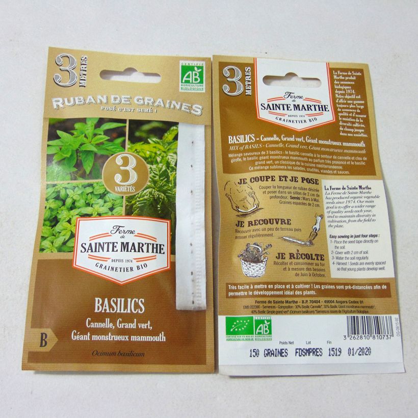 Exemplo de amostra de Carte Ruban de Basilics en mélange (Basilic Cannelle - Basilic Géant Monstrueux - Basilic Grand Vert) - Bio - Ferme de Sainte Marthe Graines en ruban tal como entregue
