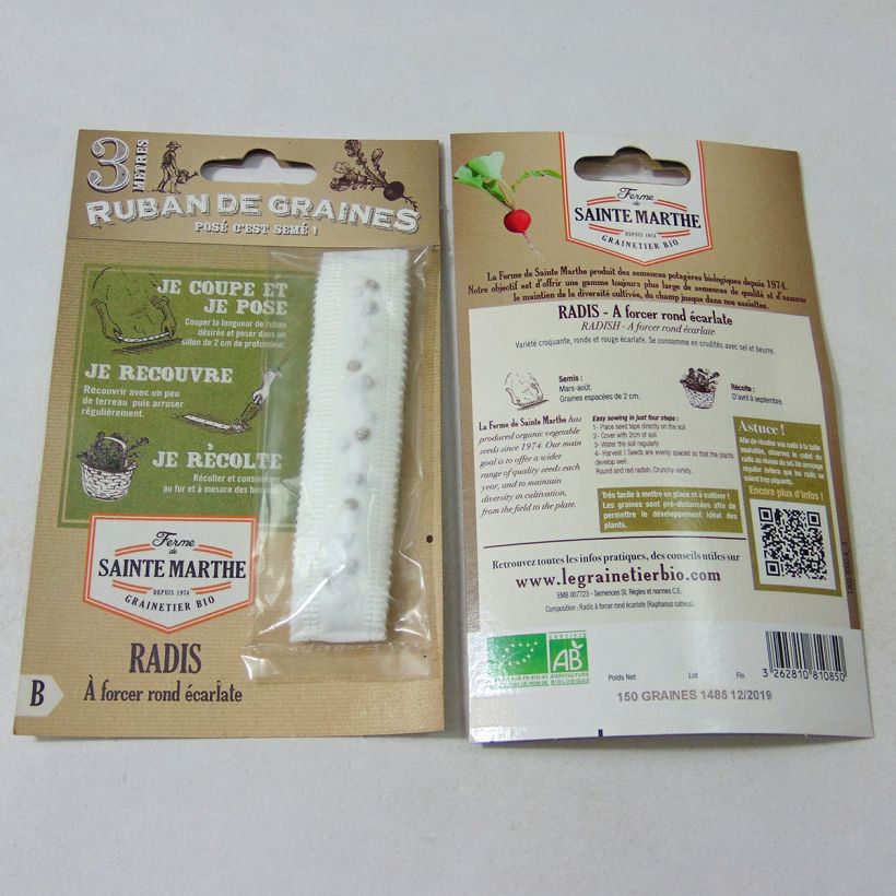 Exemplo de amostra de Carte Ruban de Radis à forcer Rond Ecarlate Bio - Ferme de Sainte Marthe per 1 g seed pack tal como entregue