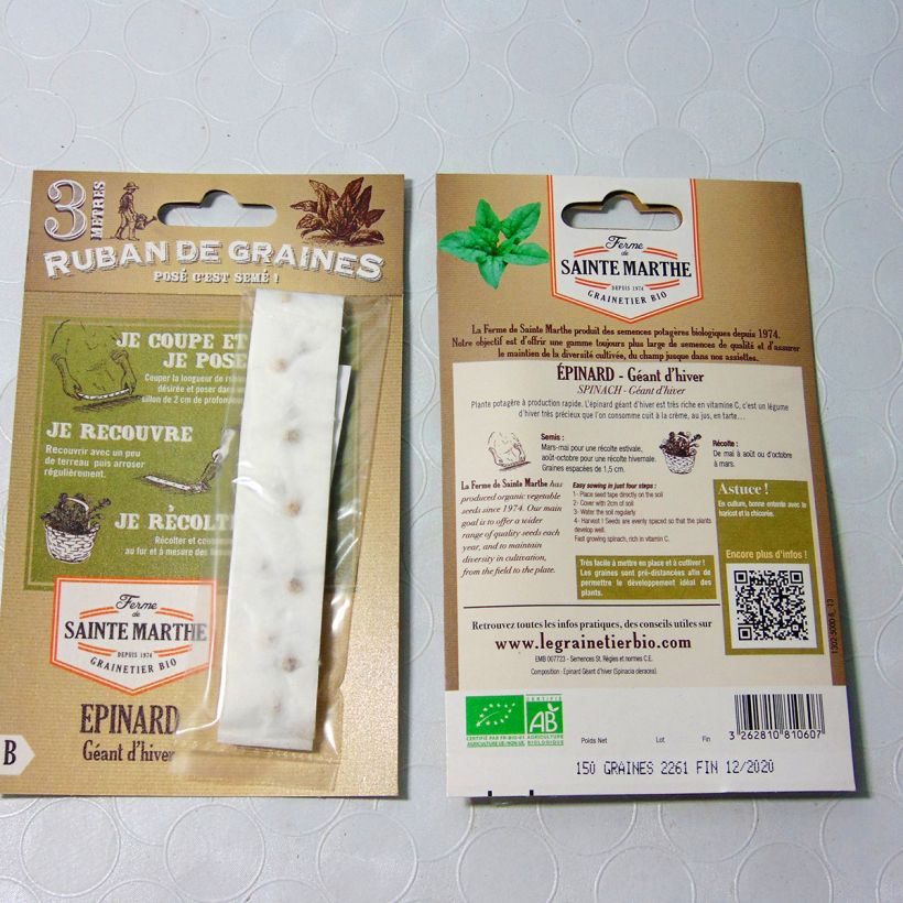 Exemplo de amostra de Carte ruban d'Epinard Géant d'Hiver Bio - Ferme de Sainte Marthe o saco de sementes de 2 gramas tal como entregue