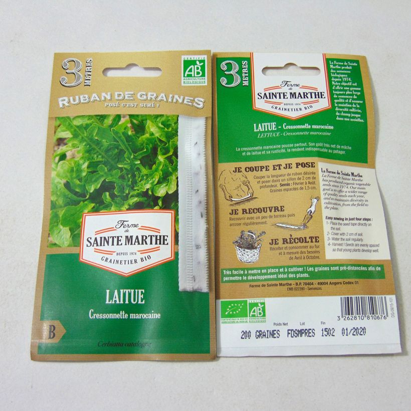 Exemplo de amostra de Carte ruban de Laitue Cressonnette Marocaine Bio - Ferme de Sainte Marthe Graines en ruban tal como entregue