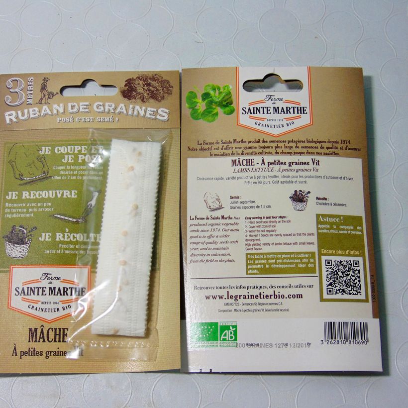 Exemplo de amostra de Carte ruban de Mâche à Petite Graine Vit Bio - Ferme de Sainte Marthe Graines en ruban tal como entregue