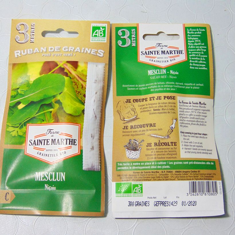 Exemplo de amostra de Carte ruban de Mesclun niçois Bio - Ferme de Sainte Marthe Graines en ruban tal como entregue