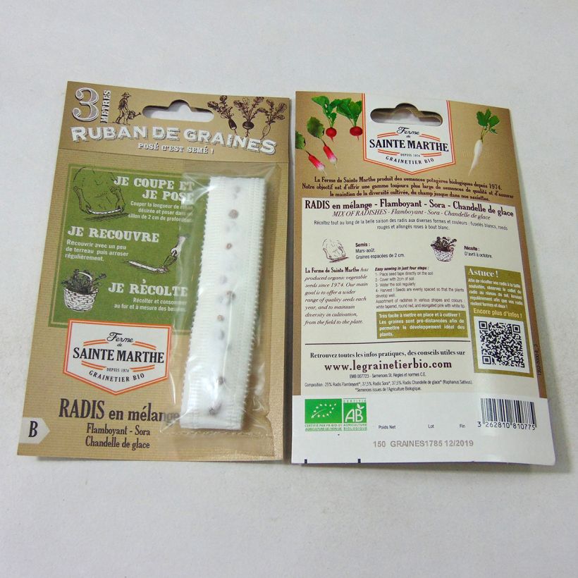 Exemplo de amostra de Carte ruban de Radis Flamboyant - Sora - Chandelle de Glace - Bio - Ferme de Sainte Marthe die Tüte mit Samen von 1 Gramm tal como entregue
