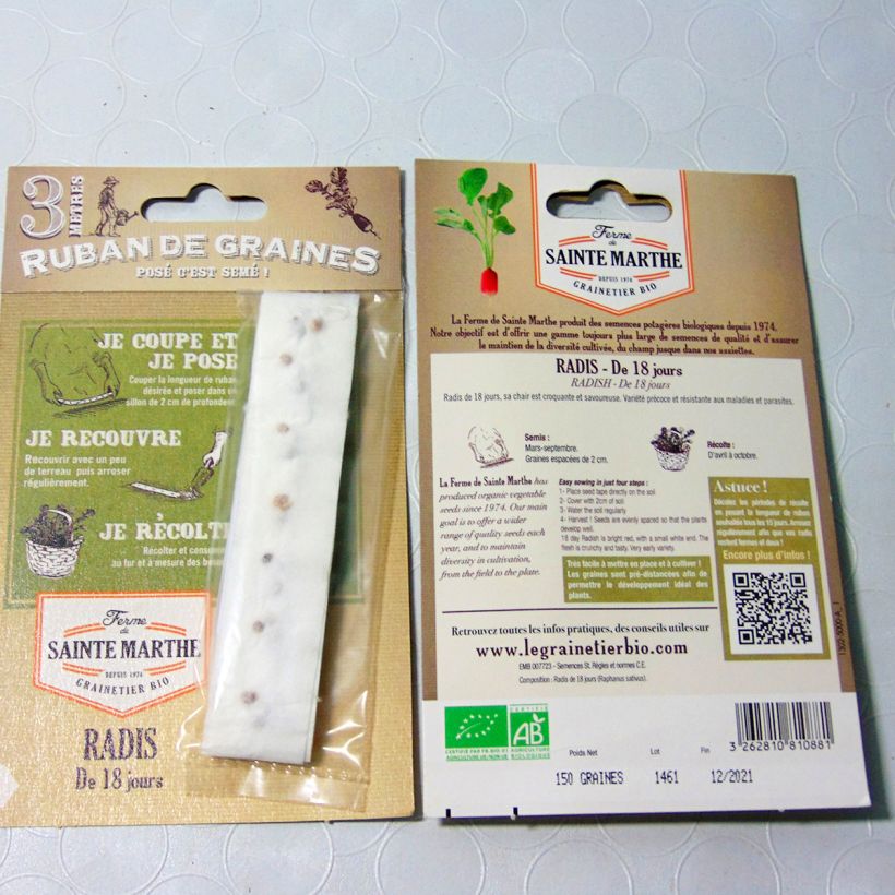 Exemplo de amostra de Carte ruban de Radis de 18 jours - Bio - Ferme de Sainte Marthe die Tüte mit Samen von 1 Gramm tal como entregue