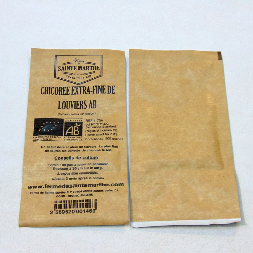 Exemplo de amostra de Chicorée Fine de Louviers Bio - Ferme de Sainte Marthe die Tüte mit 500 Samen tal como entregue