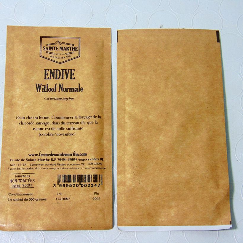 Exemplo de amostra de Chicorée Witloof (Endive) Alba Bio - Ferme de Sainte Marthe die Tüte mit 500 Samen (1g) tal como entregue