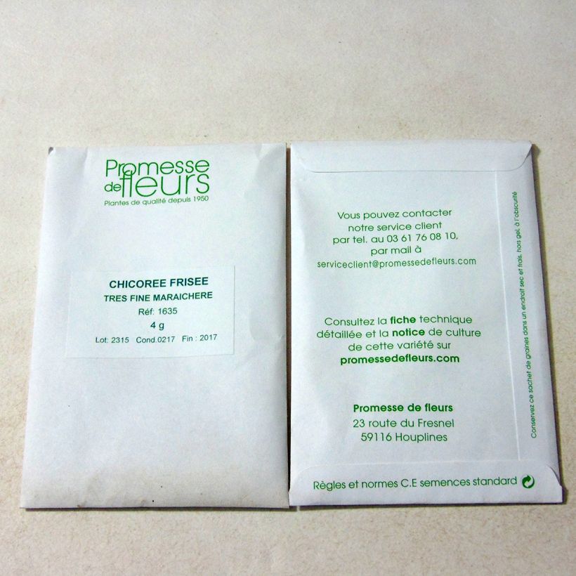 Exemplo de amostra de Chicorée frisée Très Fine Maraîchère - Cichorium endivia var. crispum die Tüte mit 2500 Samen (4g) tal como entregue