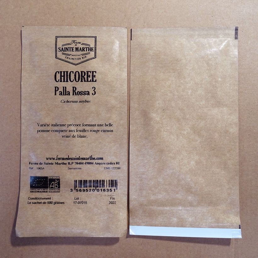 Exemplo de amostra de Chicorée sauvage Palla Rossa 3 Bio - Ferme de Sainte Marthe die Tüte mit 500 Samen tal como entregue