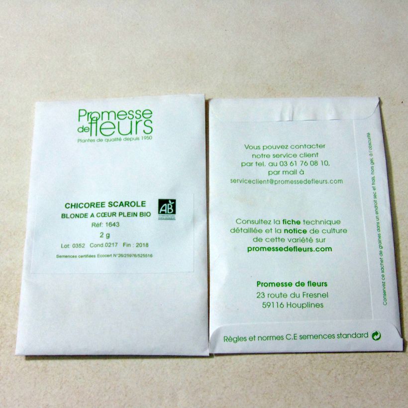 Exemplo de amostra de Chicorée scarole Blonde à Coeur Plein Bio die Tüte mit 1250 Samen (2g) tal como entregue
