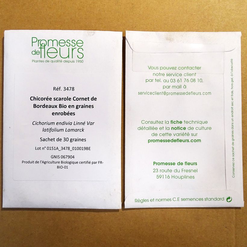 Exemplo de amostra de Chicorée scarole Cornet de Bordeaux Bio - Graines enrobées die Tüte mit 30 Samen - Samenbeschichtung tal como entregue