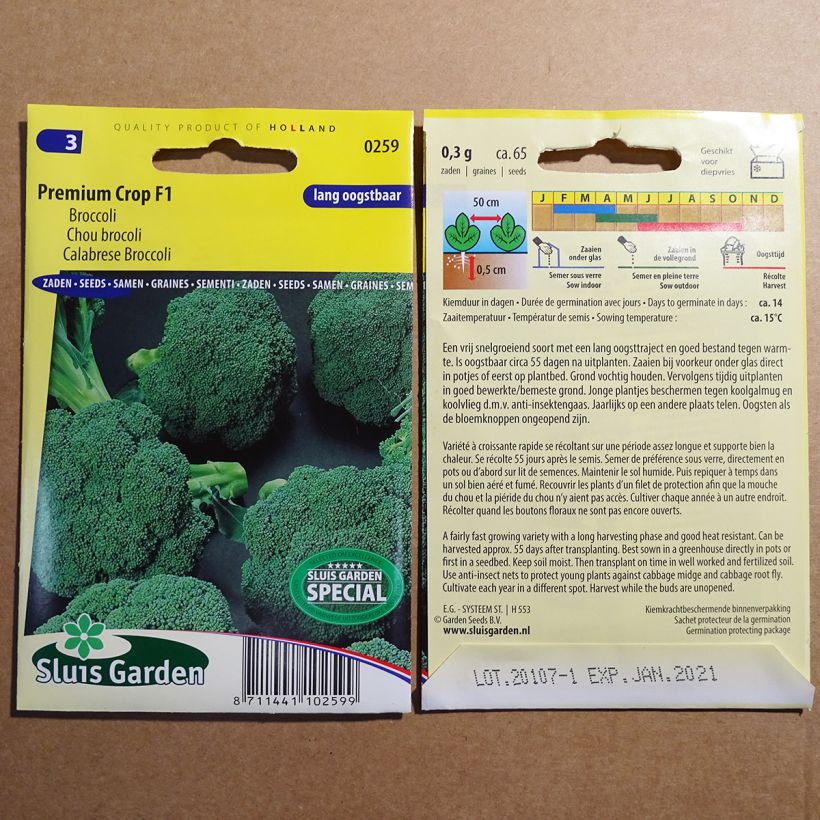 Exemplo de amostra de Chou Brocoli Premium Crop F1 per pack of 65 seeds tal como entregue