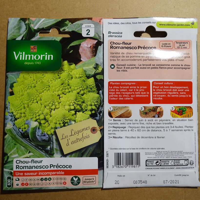 Exemplo de amostra de Chou Brocoli Romanesco précoce - Vilmorin die Tüte mit 800 Samen (2g) tal como entregue