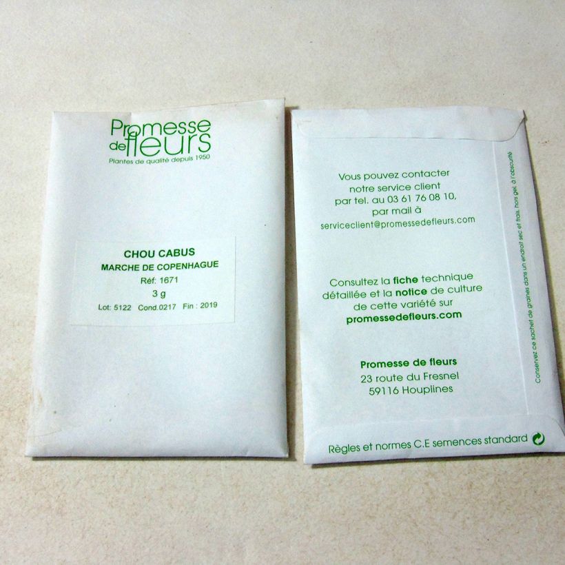 Exemplo de amostra de Chou Cabus Marché de Copenhague per pack of 650 seeds (3g) tal como entregue