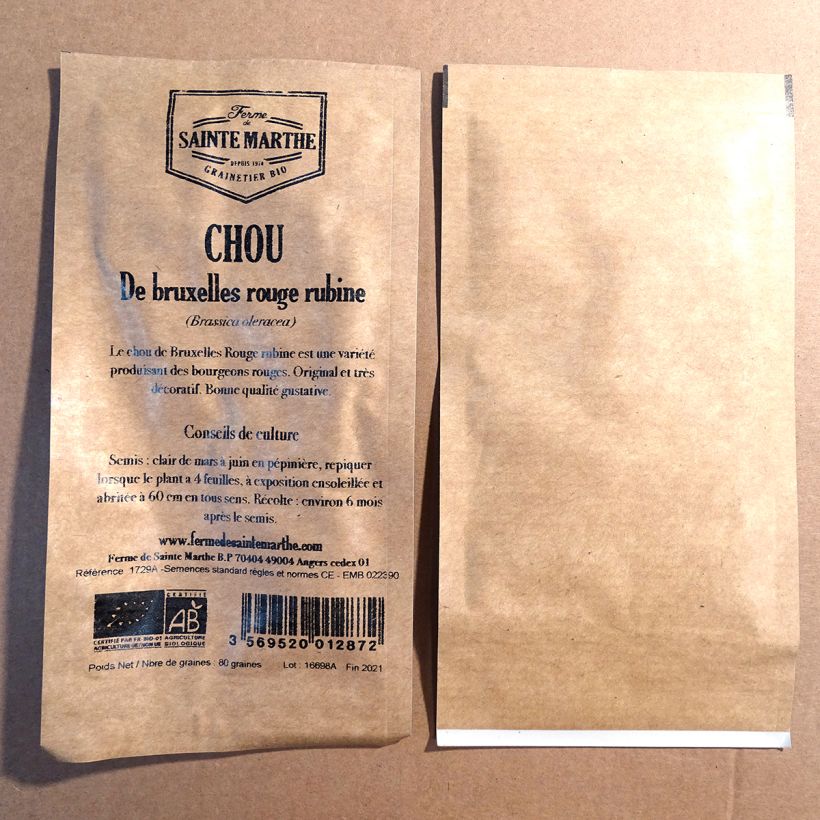 Exemplo de amostra de Chou de Bruxelles Rouge Rubine Bio - Ferme de Sainte Marthe o saco de 80 sementes aproximadamente tal como entregue