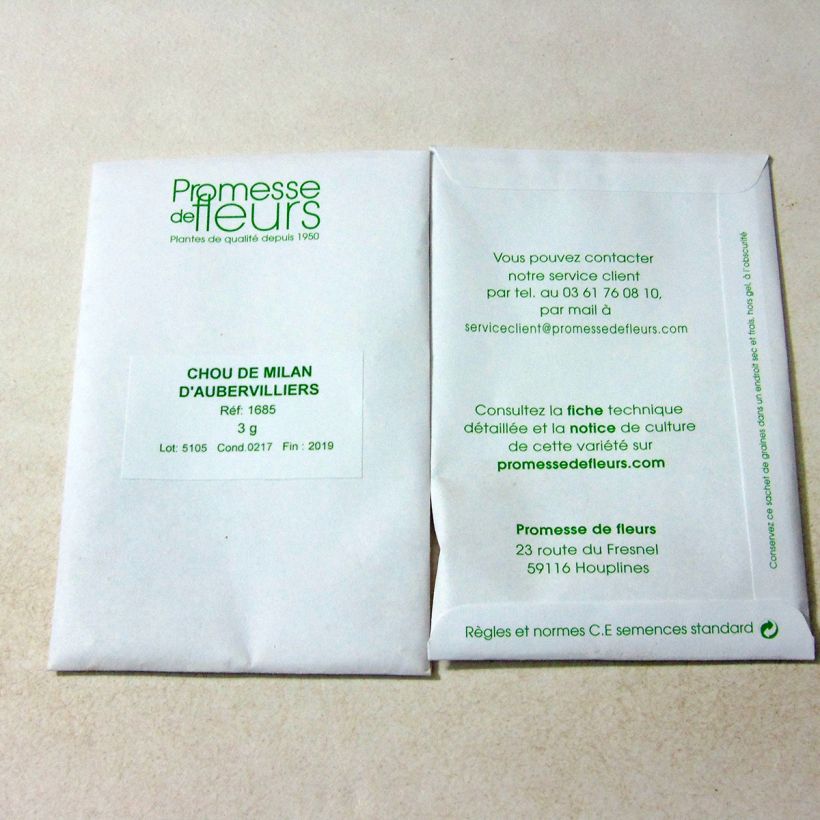 Exemplo de amostra de Chou de Milan d'Aubervilliers o saco de 850 sementes aproximadamente (3g) tal como entregue